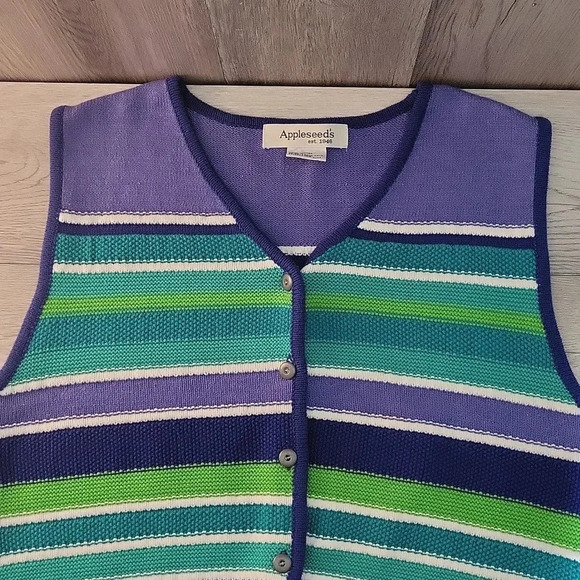 🛍Appleseeds‎ Vintage Purple Green Stripe Knit Button Sweater Vest Womens L - Picture 5 of 6